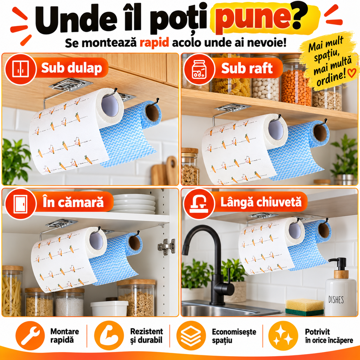 Suport pentru Prosoape de Hârtie și Role – Montaj Sub Dulap