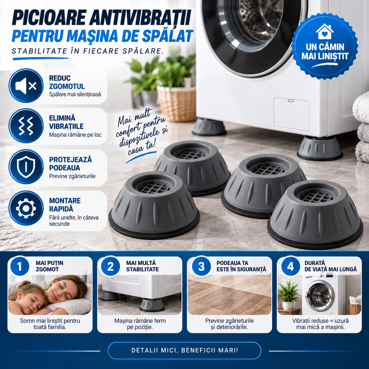 Picioare pentru Mașina de Spălat – Reduc Vibrațiile și Zgomotul