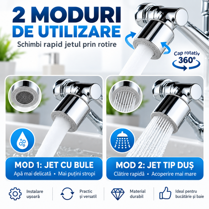 Cap de Robinet Rotativ 360° cu 2 Moduri de Jet – Pentru Bucătărie și Baie