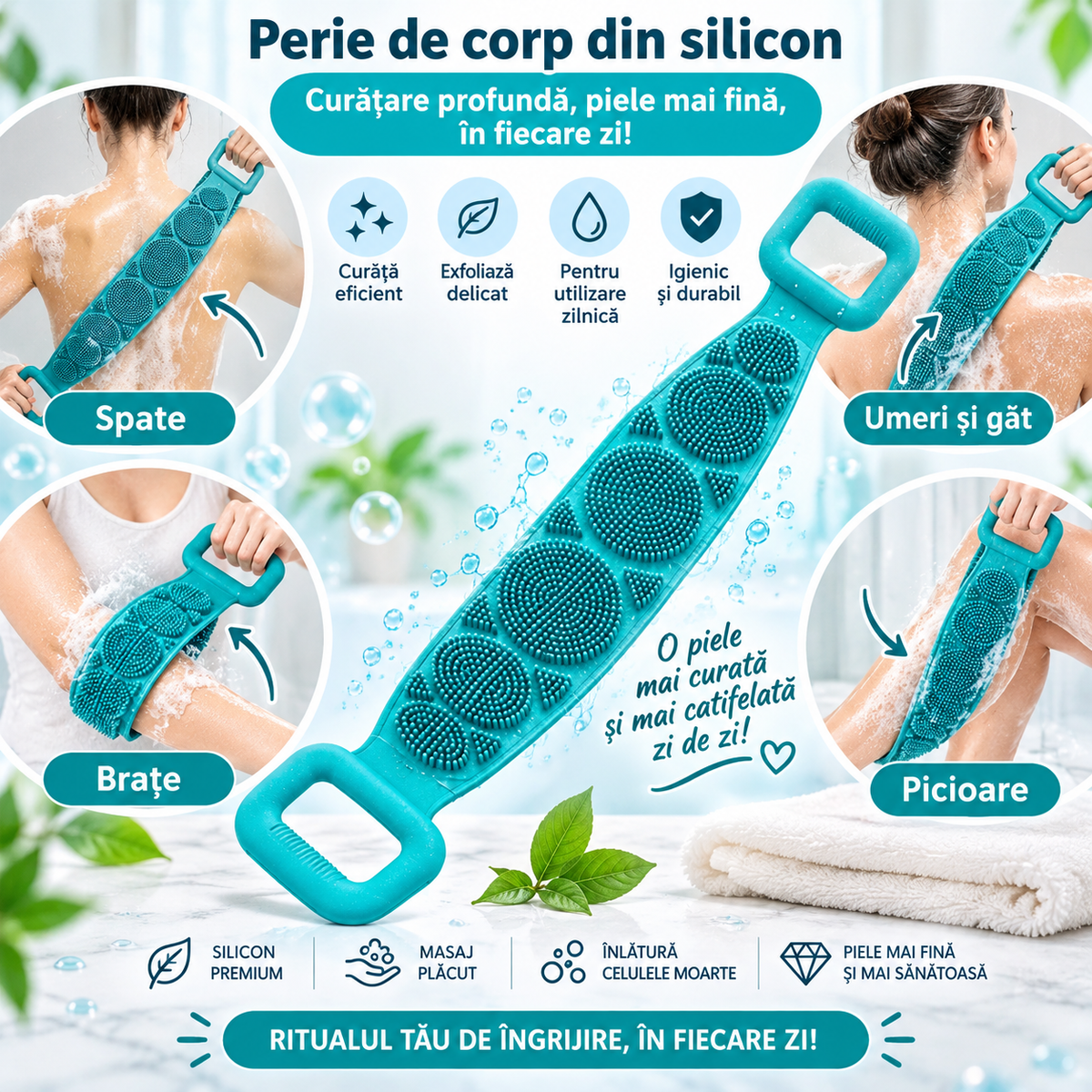 Perie de Corp din Silicon cu Mânere – Pentru Spate și Zone Greu Accesibile