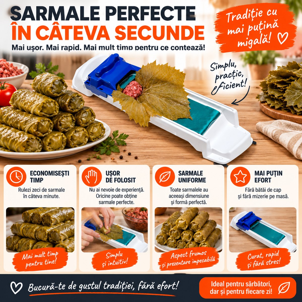 Aparat Manual pentru Sarmale – Rulare Rapidă și Ușoară