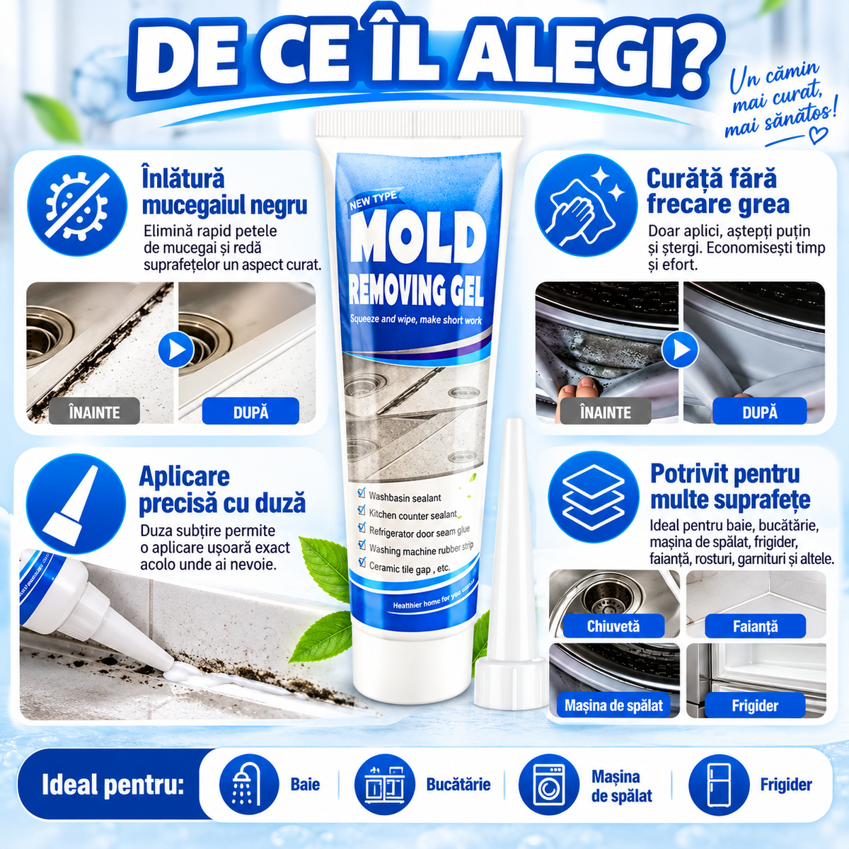 Gel pentru Îndepărtarea Mucegaiului – Aplicare Precisă pentru Rosturi și Garnituri