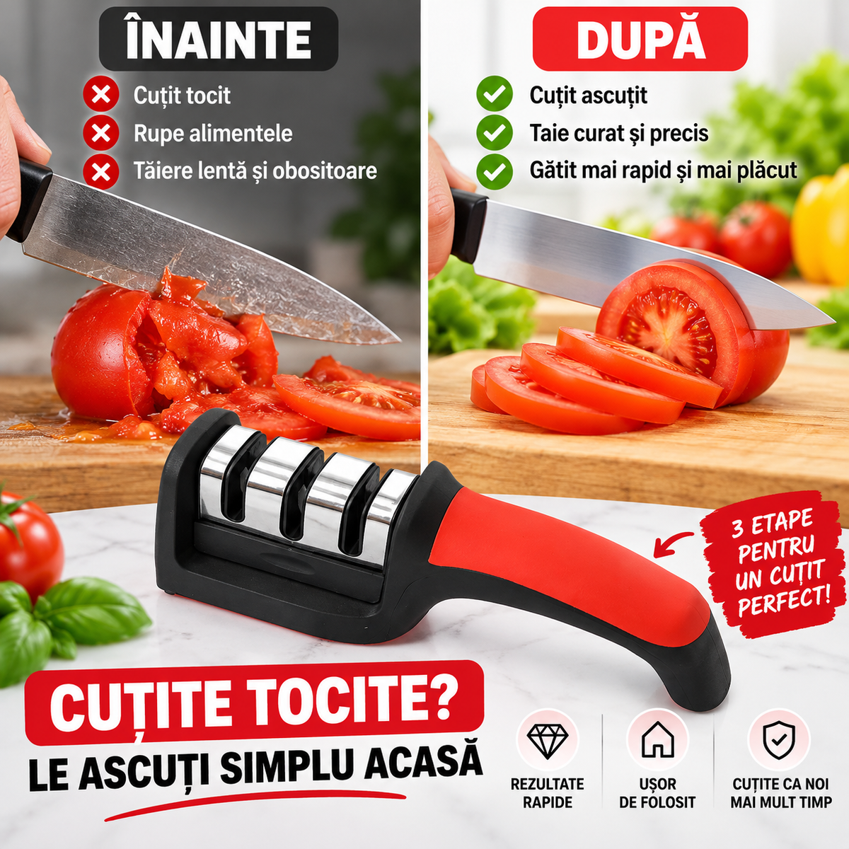 Ascuțitor Manual de Cuțite cu 3 Trepte – Rapid, Simplu și Ușor de Folosit