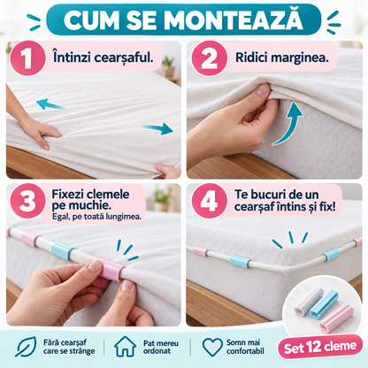 Set 12 Cleme pentru Cearșaf – Fixare Rapidă și Pat Mereu Întins