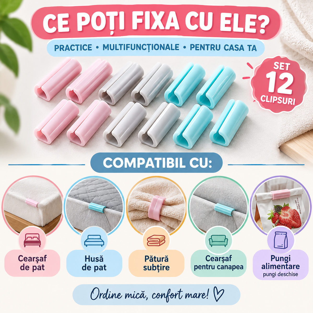 Set 12 Cleme pentru Cearșaf – Fixare Rapidă și Pat Mereu Întins