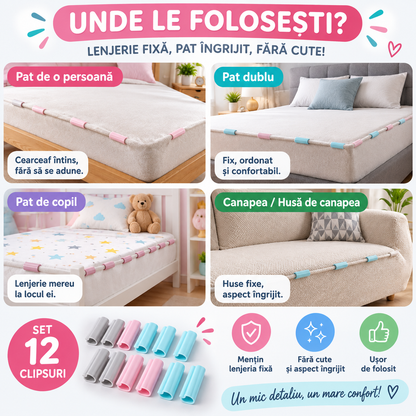 Set 12 Cleme pentru Cearșaf – Fixare Rapidă și Pat Mereu Întins