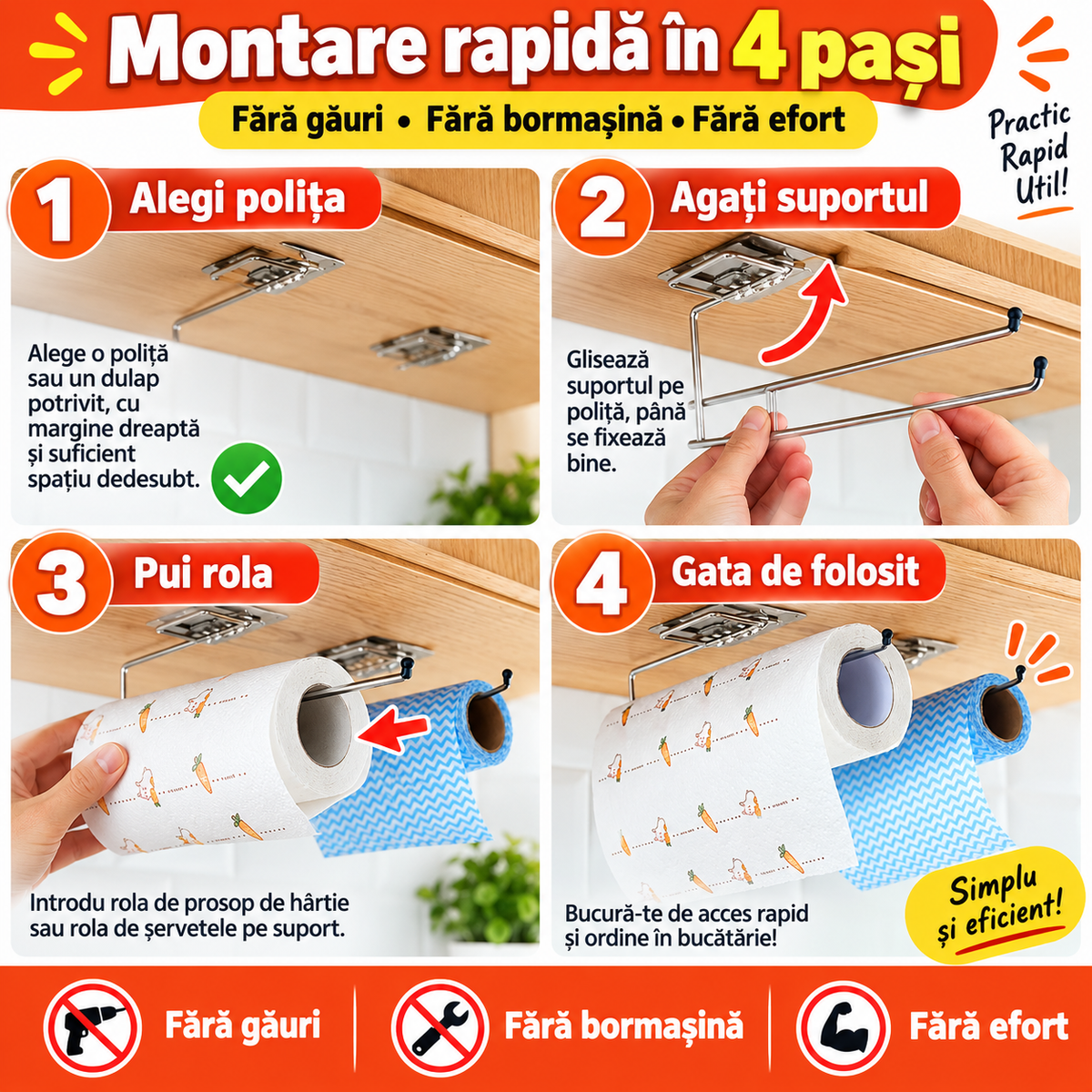 Suport pentru Prosoape de Hârtie și Role – Montaj Sub Dulap