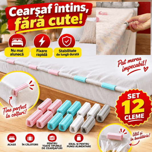 Set 12 Cleme pentru Cearșaf – Fixare Rapidă și Pat Mereu Întins