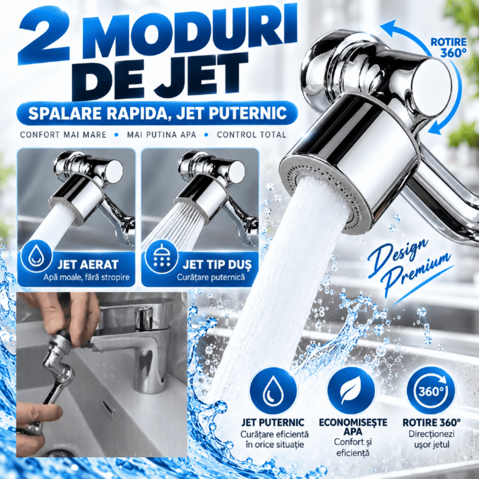 Cap de Robinet Rotativ 360° cu 2 Moduri de Jet – Pentru Bucătărie și Baie